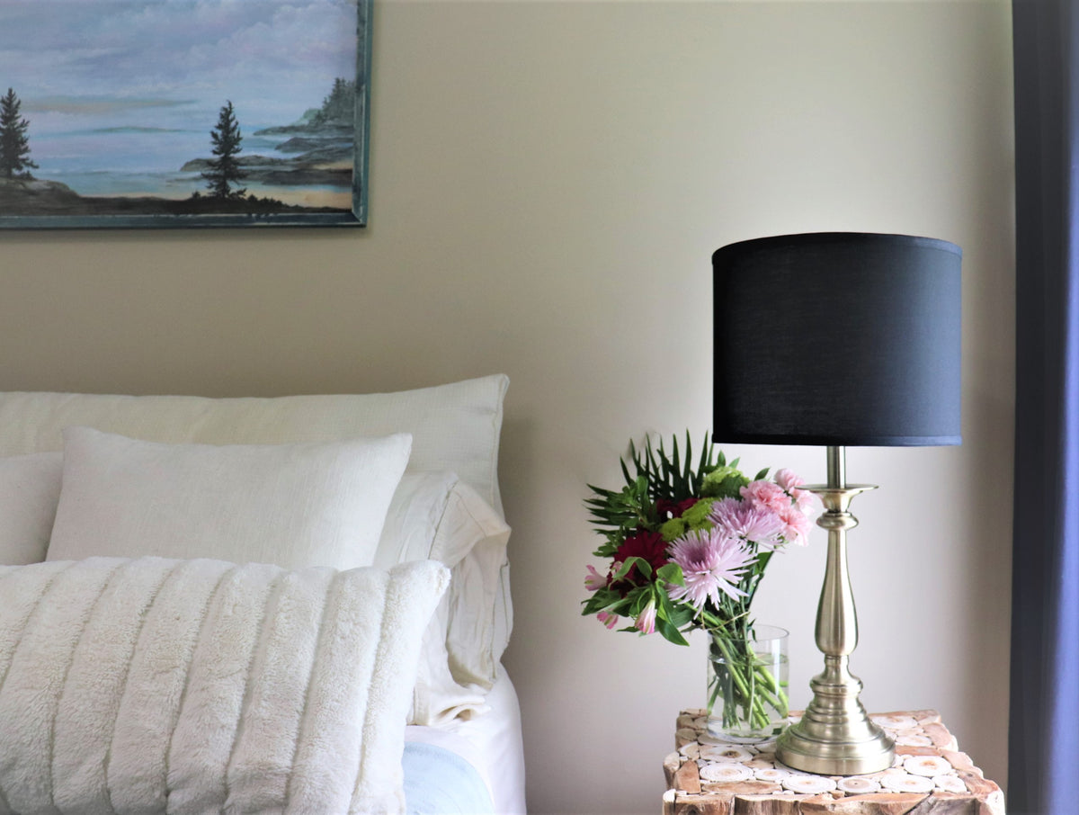 Black cotton drum lampshade.