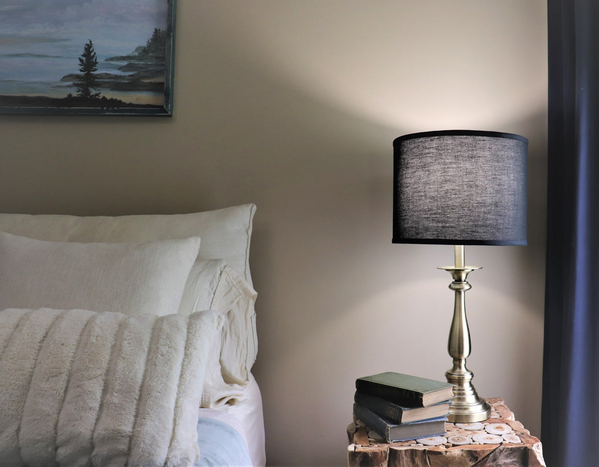 Black cotton drum lampshade.