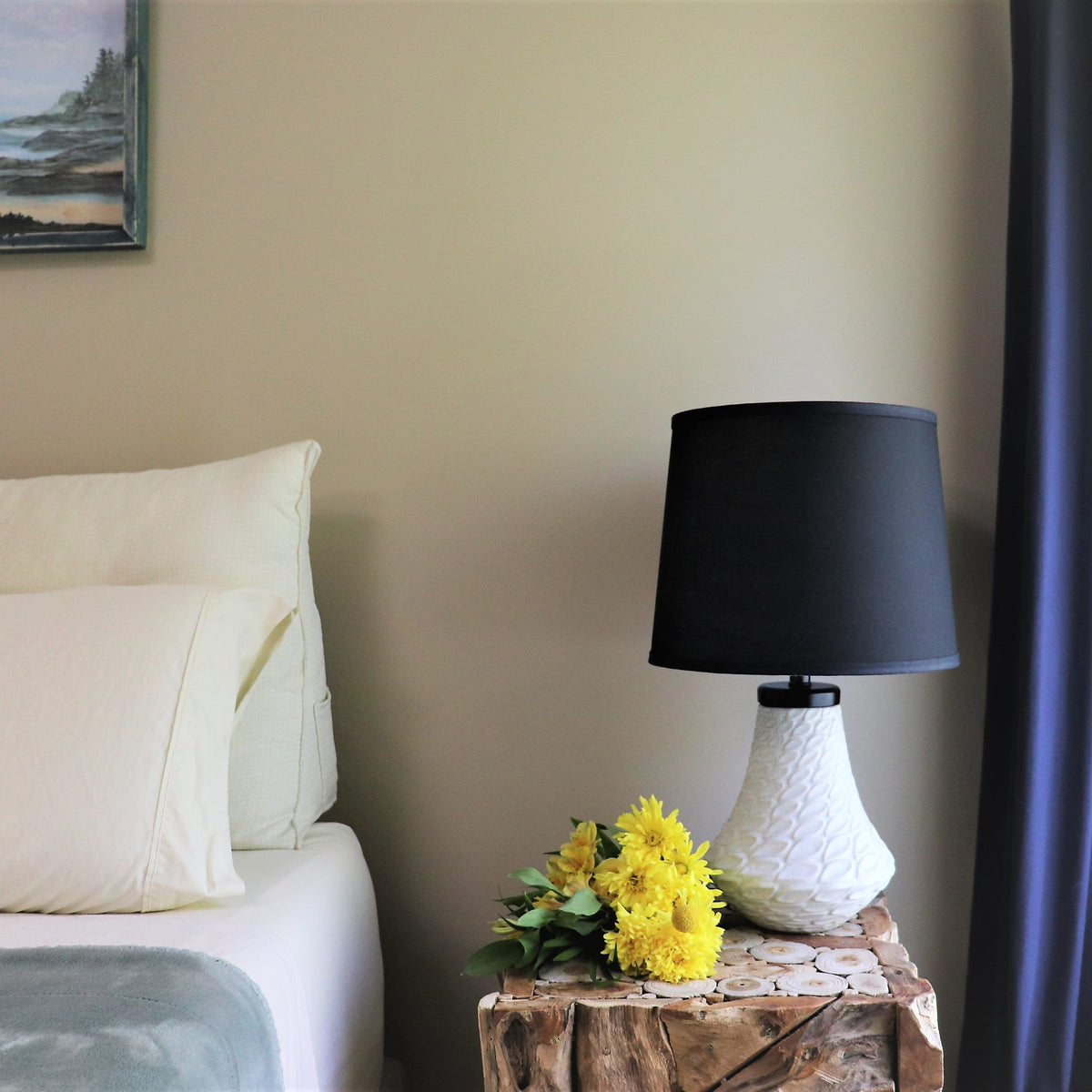 Black cotton drum lampshade.