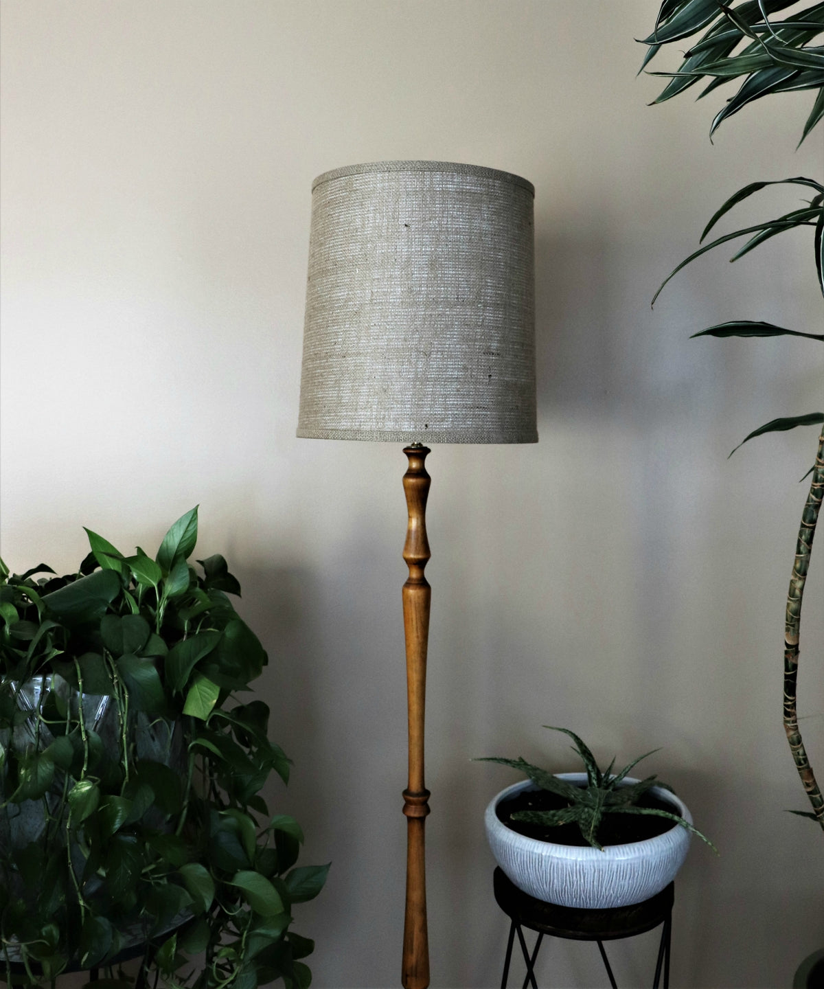 Burlap barrel lampshade.