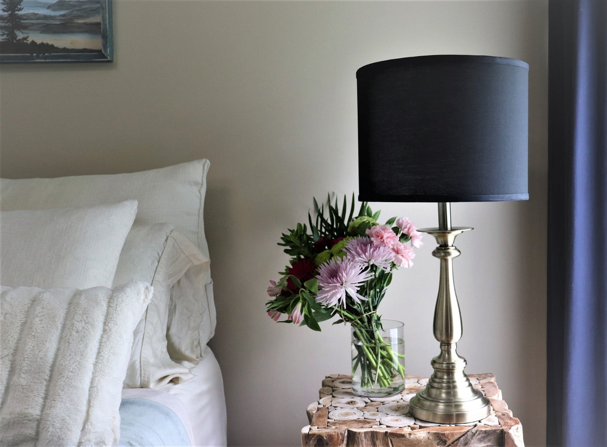Black cotton drum lampshade.