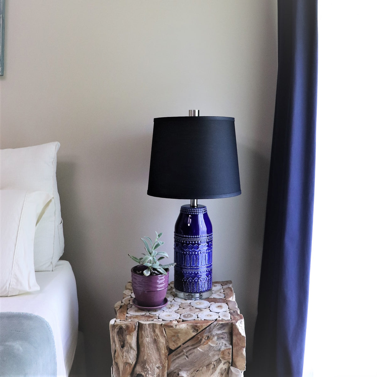 Black cotton drum lampshade.